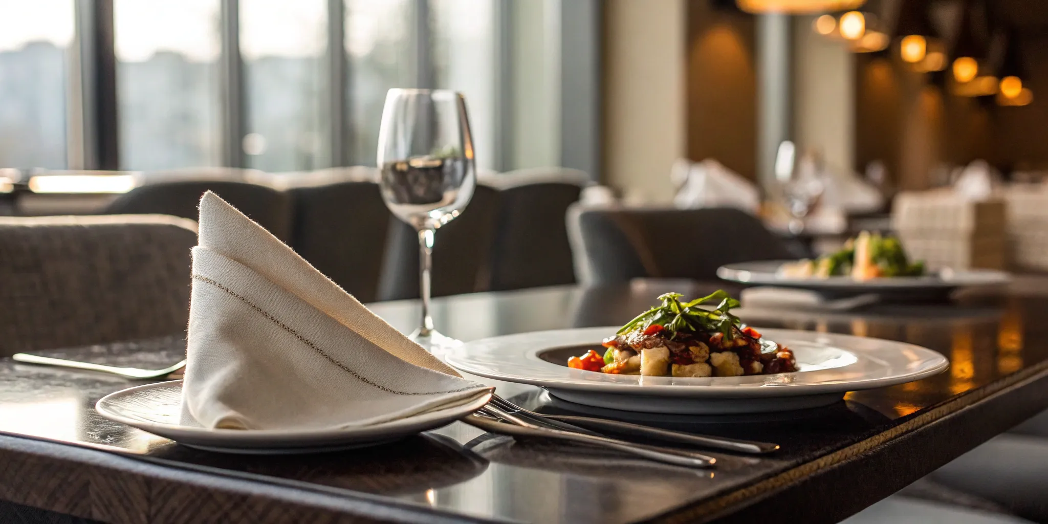 A table set for service in a franchise restaurant, a key part of the business for new owners.